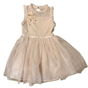 Cat & Jack Elegant Ruffled Tulle Dress Satin Waist Trim Flower Accents, XS 4/5